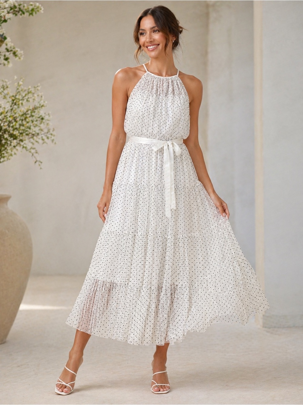 Candalite White Halter Maxi Dress with Black Polka Dots 2X